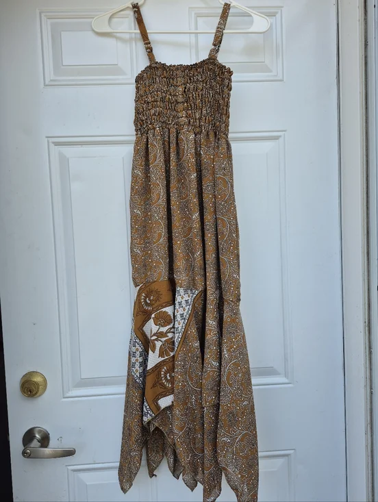 Brown Paisley Hippie Boho Bohemian Recycled Sari Silk Patchwork Midi Dress Small - Picture 4 of 8